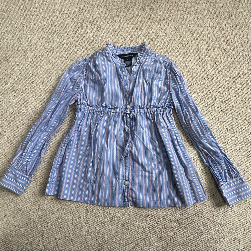 Like New Girls Ralph Lauren Blue Striped Long Sleeve Peplum Top